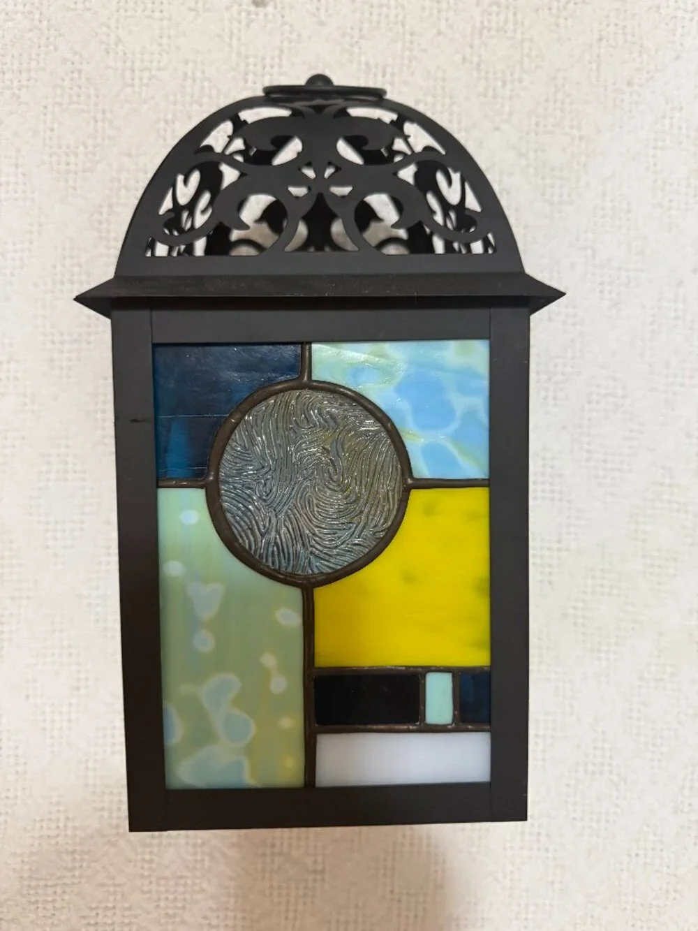 Tiffany-Style Stained Glass Black Metal Hanging Candle Lantern